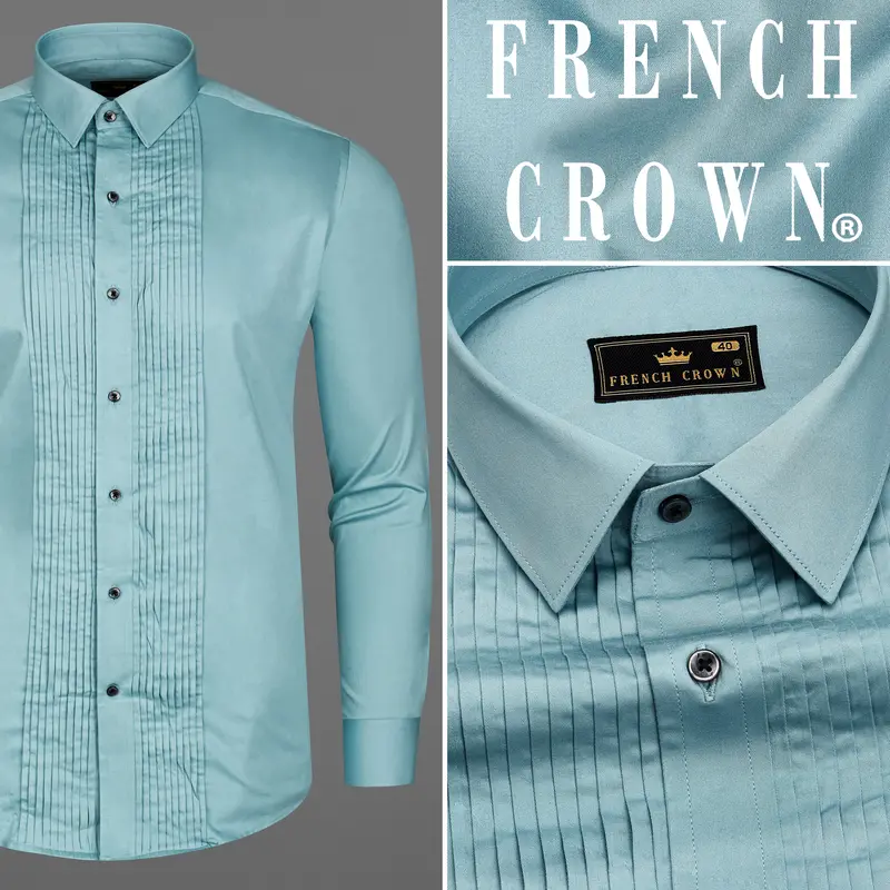 Glacier Blue Subtle Sheen Snake Pleated Super Soft Premium Cotton Tuxedo Shirt 10