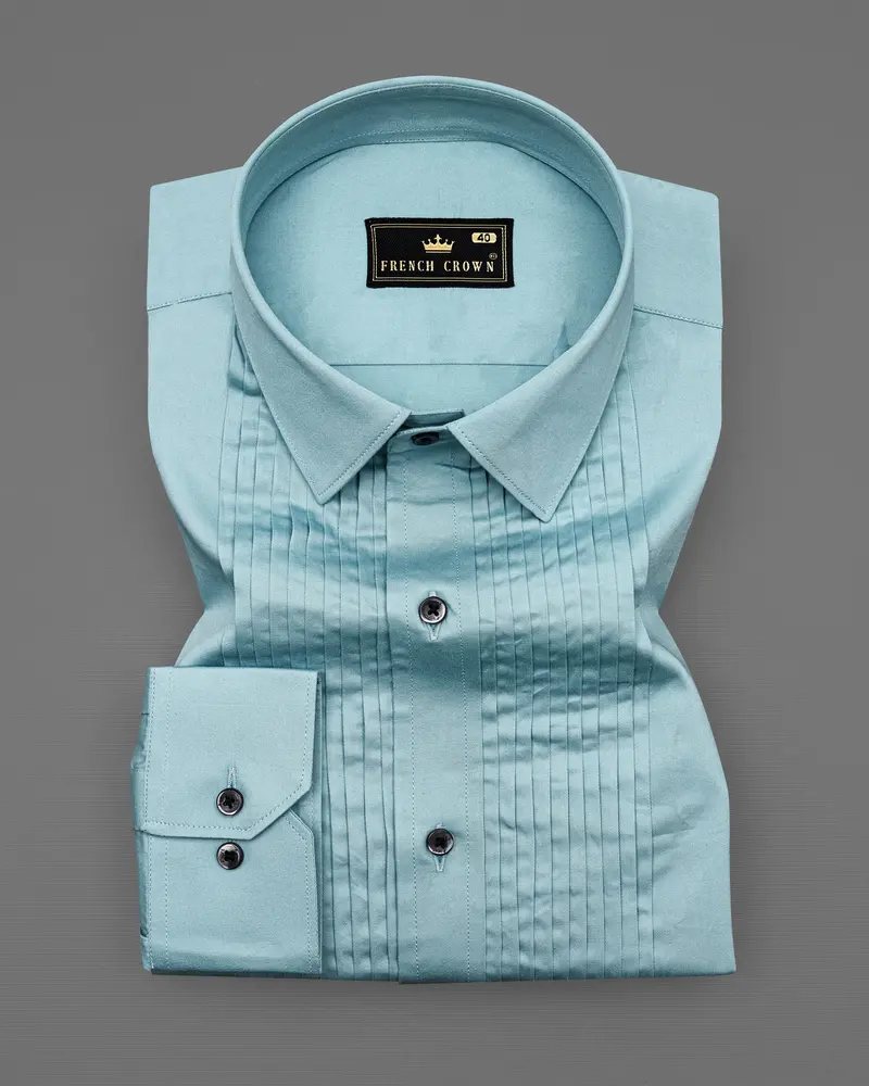Glacier Blue Subtle Sheen Snake Pleated Super Soft Premium Cotton Tuxedo Shirt 2