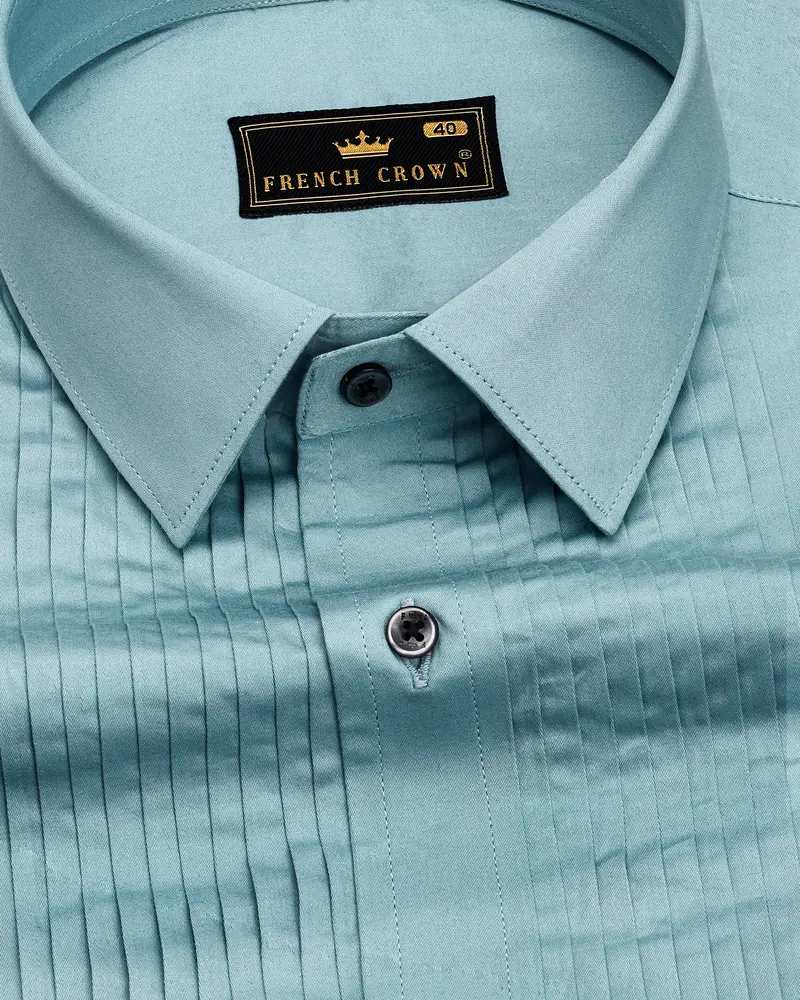 Glacier Blue Subtle Sheen Snake Pleated Super Soft Premium Cotton Tuxedo Shirt 4