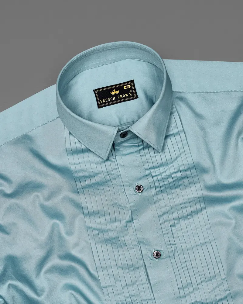 Glacier Blue Subtle Sheen Snake Pleated Super Soft Premium Cotton Tuxedo Shirt 5