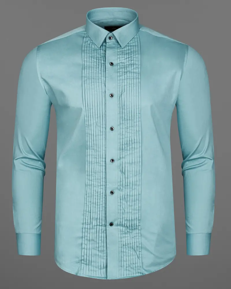Glacier Blue Subtle Sheen Snake Pleated Super Soft Premium Cotton Tuxedo Shirt 6
