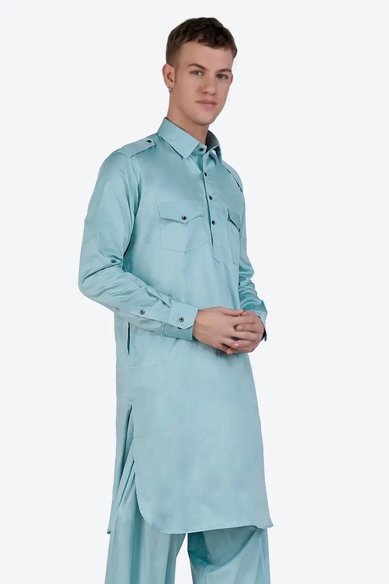 Glacier Blue Subtle Sheen Super Soft Premium Cotton Pathani Kurta 2
