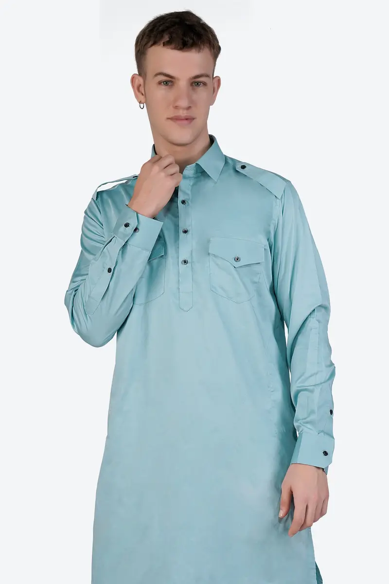 Glacier Blue Subtle Sheen Super Soft Premium Cotton Pathani Kurta 4