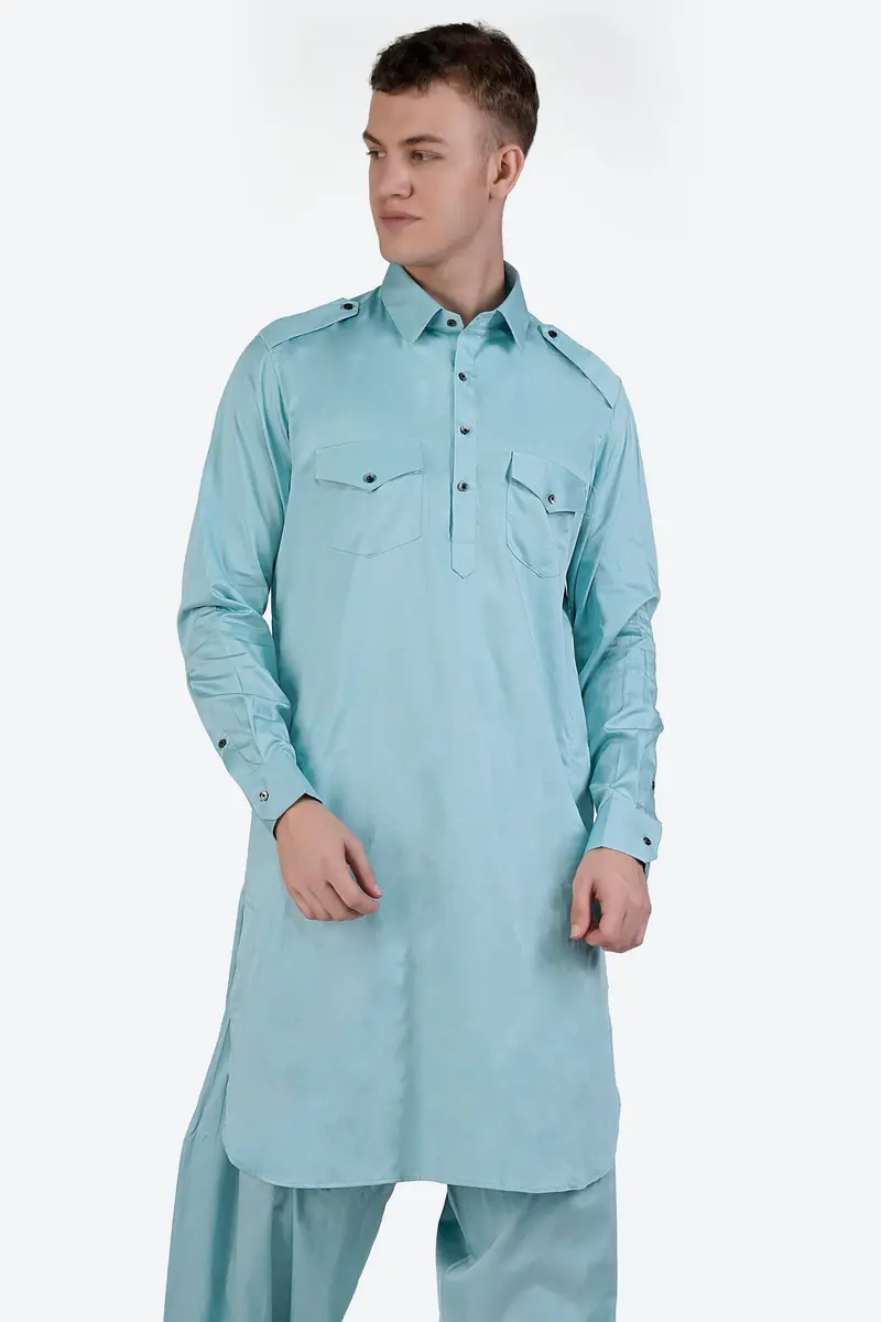 Glacier Blue Subtle Sheen Super Soft Premium Cotton Pathani Kurta 5