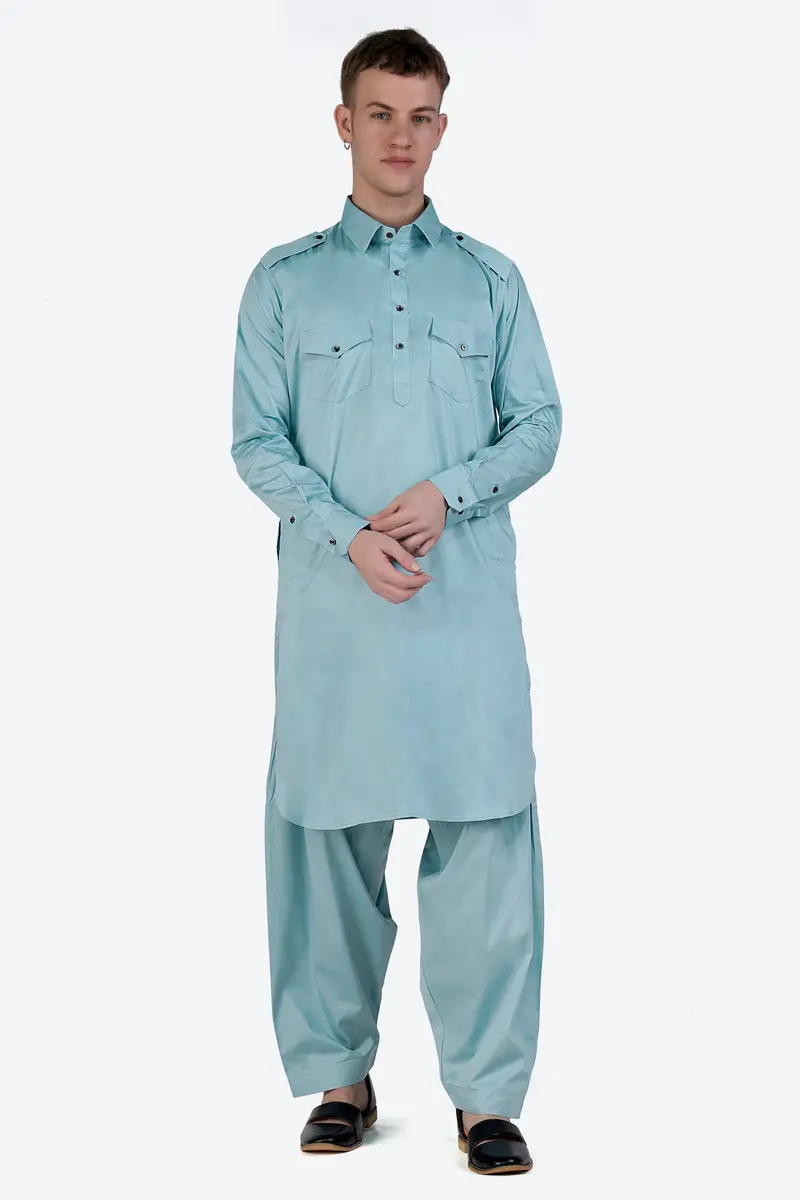 Glacier Blue Subtle Sheen Super Soft Premium Cotton Pathani Kurta 7