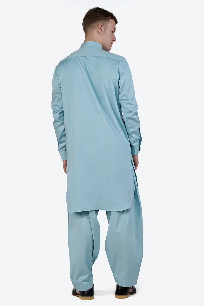 Glacier Blue Subtle Sheen Super Soft Premium Cotton Pathani Kurta 8