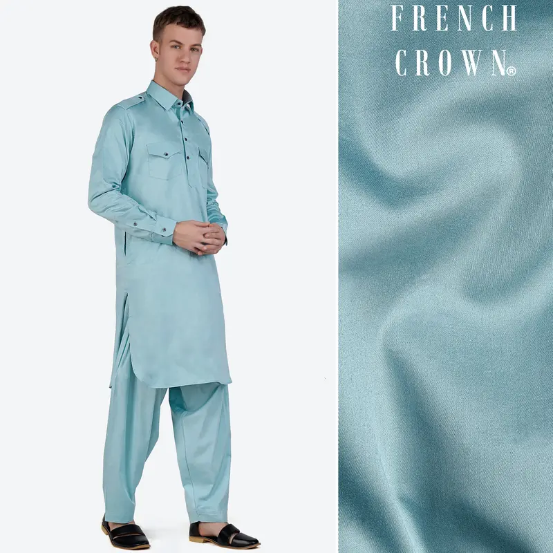 Glacier Blue Subtle Sheen Super Soft Premium Cotton Pathani Set 1