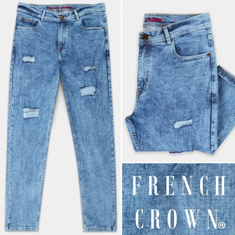 Glacier Blue Whiskering Wash Mildly Distressed Stretchable Denim 1