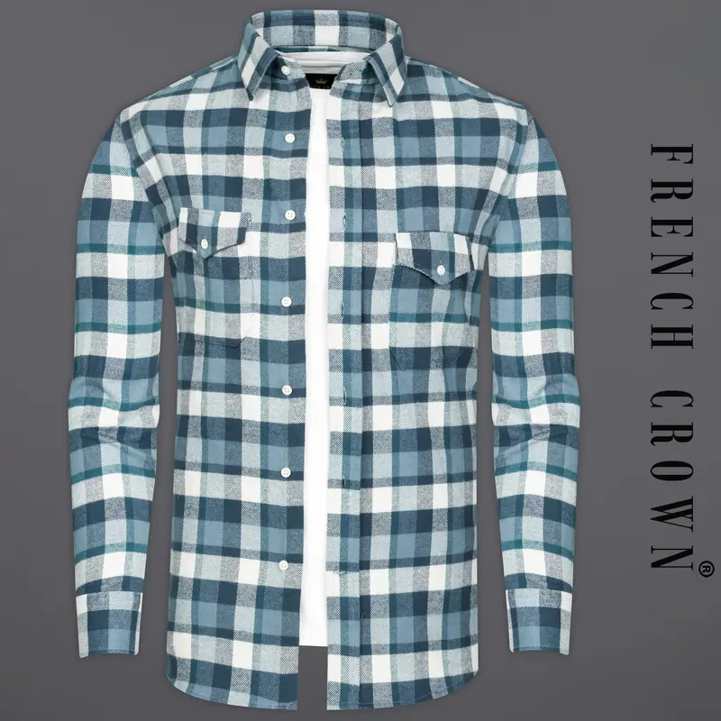 Glacier Blue With White Plaid Flannel Overshirt/Shacket With Brown Elbow Patch Work 1