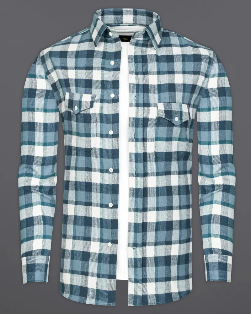 Glacier Blue With White Plaid Flannel Overshirt/Shacket With Brown Elbow Patch Work 2