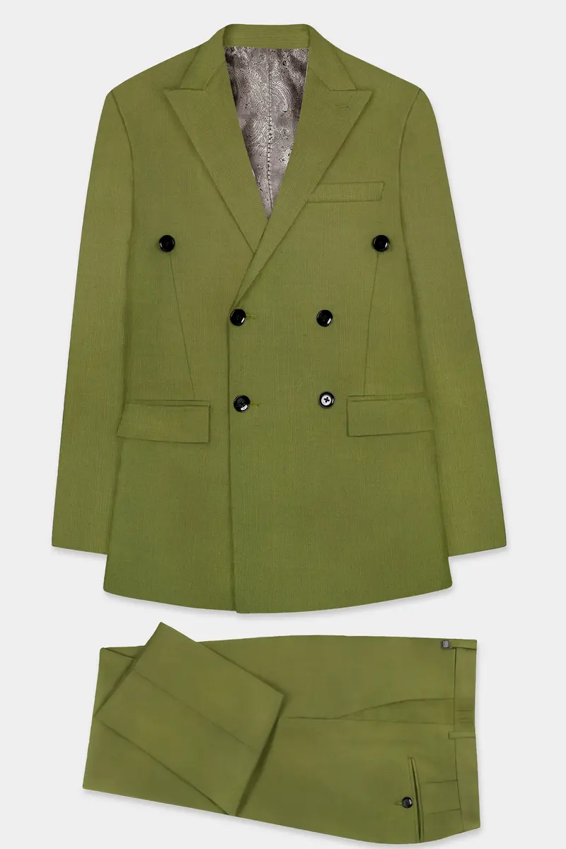 Glade-Muddy Green Solid Wool Rich Double Breasted Slight Stretch Suit 10