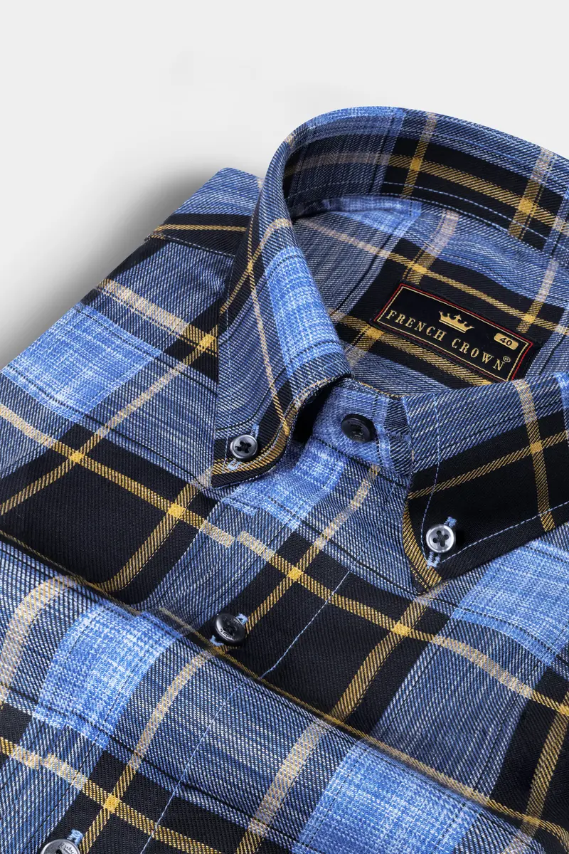 Glaucous Blue With Black And Brown Checks Plaid Twill Giza Cotton Shirt 1