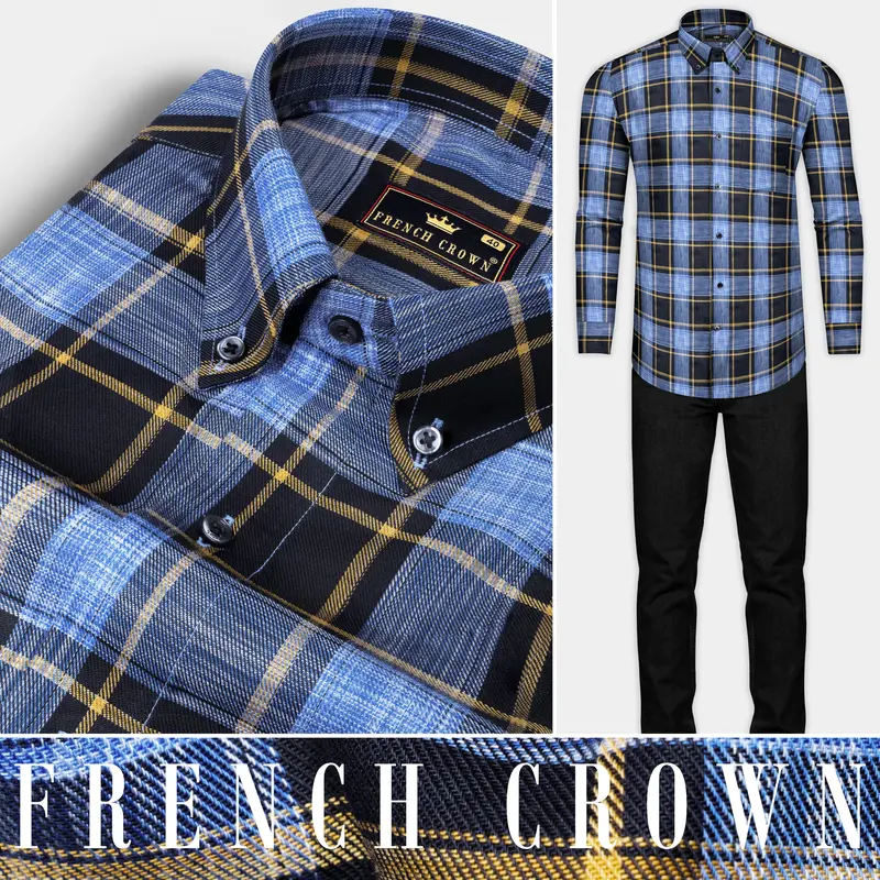 Glaucous Blue With Black And Brown Checks Plaid Twill Giza Cotton Shirt 10