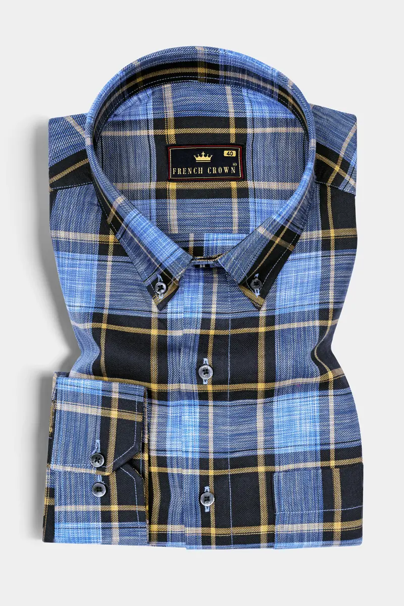 Glaucous Blue With Black And Brown Checks Plaid Twill Giza Cotton Shirt 3