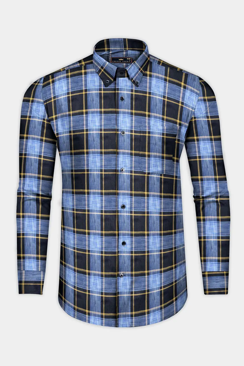 Glaucous Blue With Black And Brown Checks Plaid Twill Giza Cotton Shirt 4