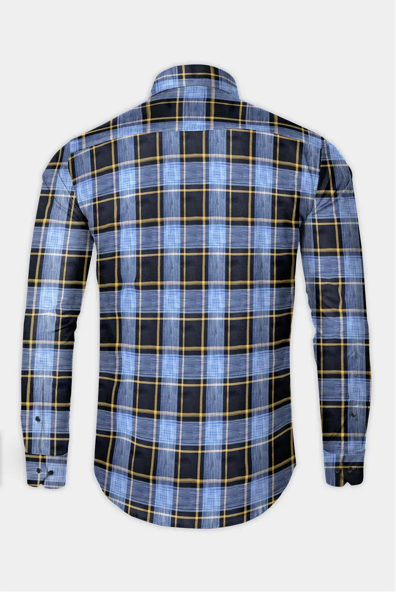 Glaucous Blue With Black And Brown Checks Plaid Twill Giza Cotton Shirt 5