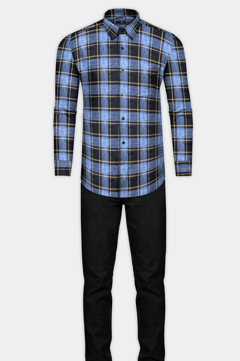 Glaucous Blue With Black And Brown Checks Plaid Twill Giza Cotton Shirt 6