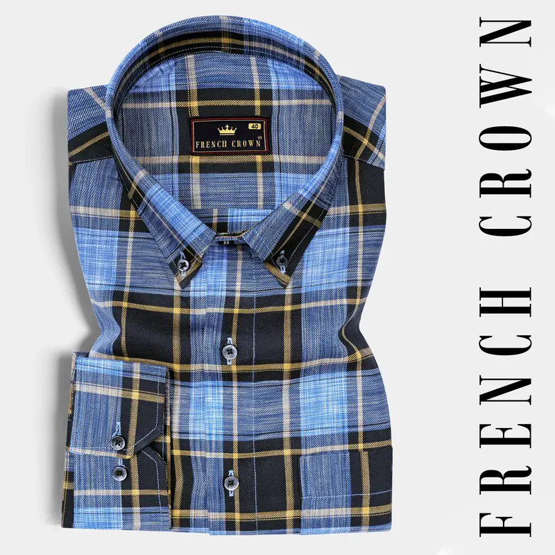 Glaucous Blue With Black And Brown Checks Plaid Twill Giza Cotton Shirt 7