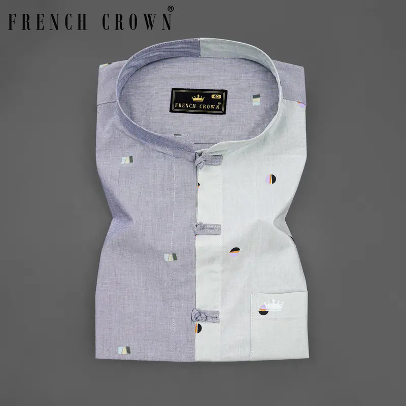 Glaucous Blue With Bright White Printed Chambray Premium Cotton Shirt 1