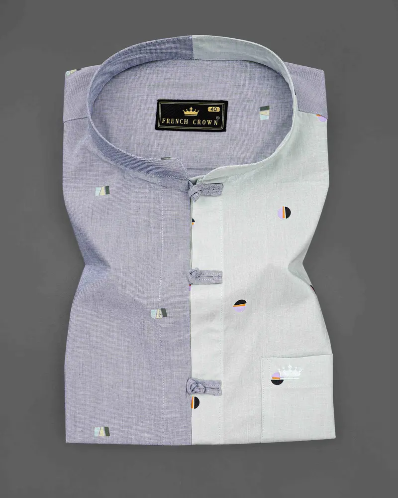 Glaucous Blue With Bright White Printed Chambray Premium Cotton Shirt 2