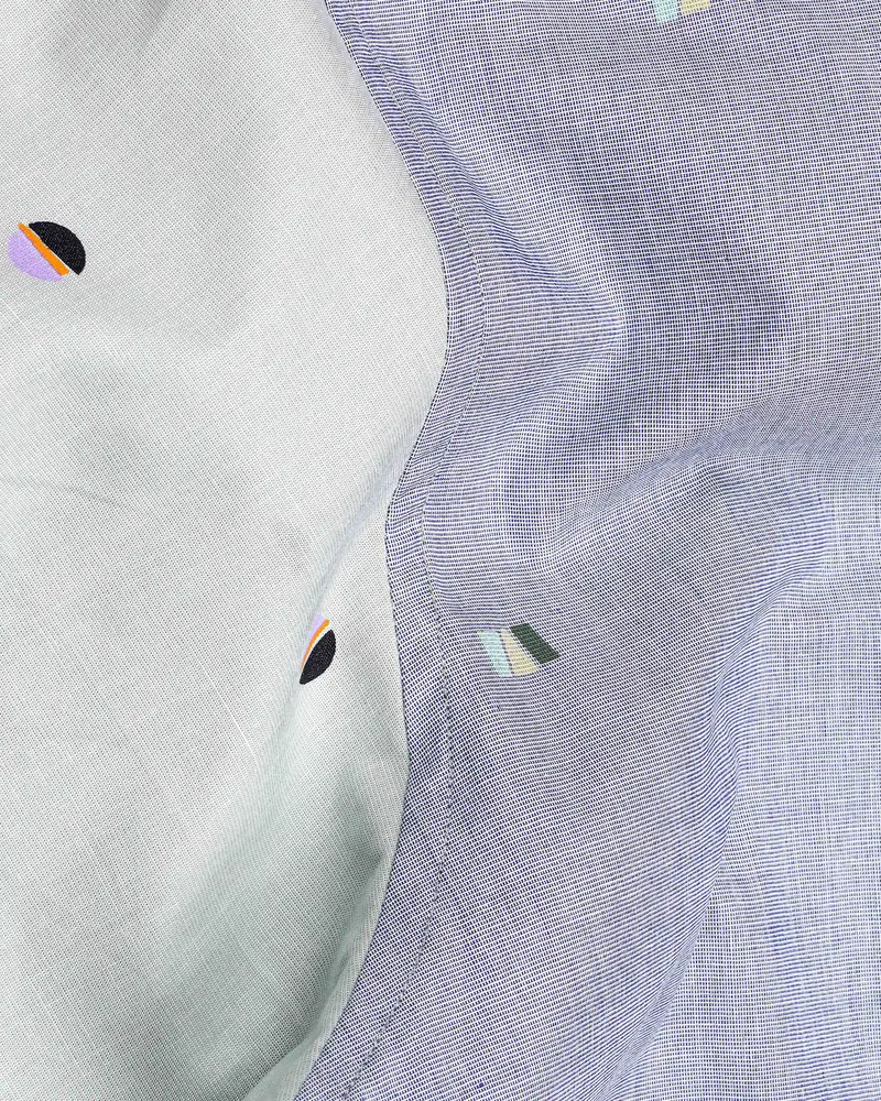 Glaucous Blue With Bright White Printed Chambray Premium Cotton Shirt 3
