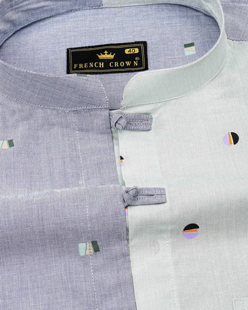 Glaucous Blue With Bright White Printed Chambray Premium Cotton Shirt 4