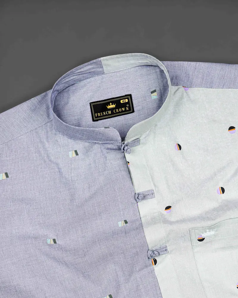 Glaucous Blue With Bright White Printed Chambray Premium Cotton Shirt 5