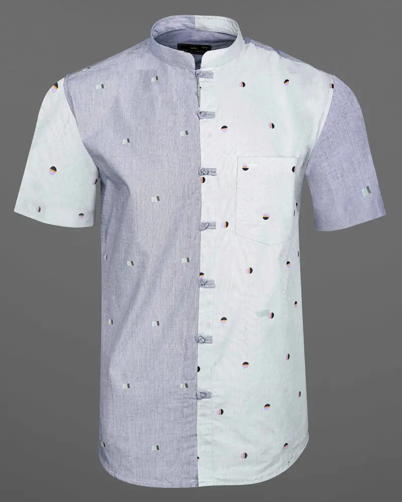 Glaucous Blue With Bright White Printed Chambray Premium Cotton Shirt 6