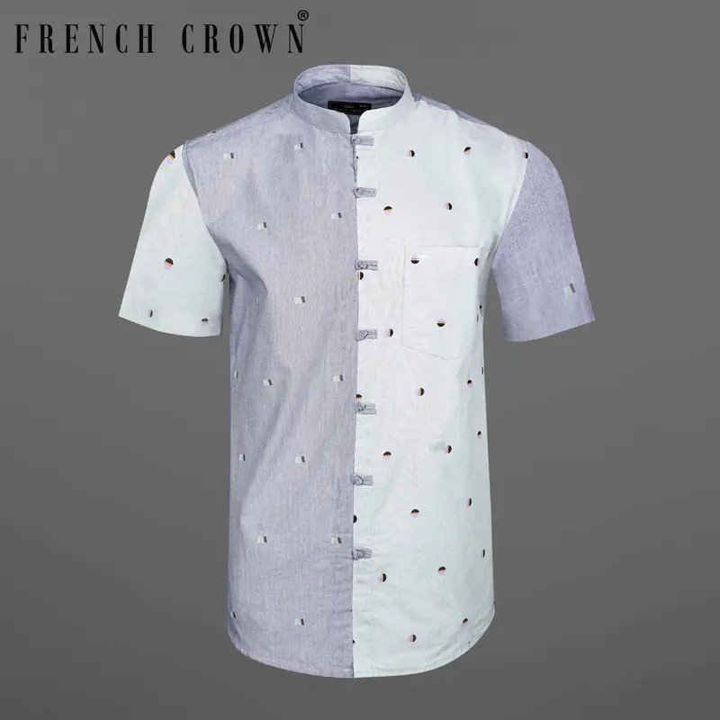 Glaucous Blue With Bright White Printed Chambray Premium Cotton Shirt 8