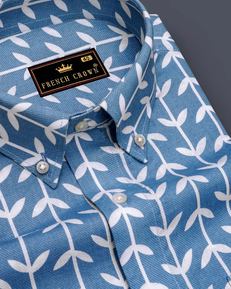 Glaucous Blue With Bright White Twill Printed Premium Cotton Shirt 1