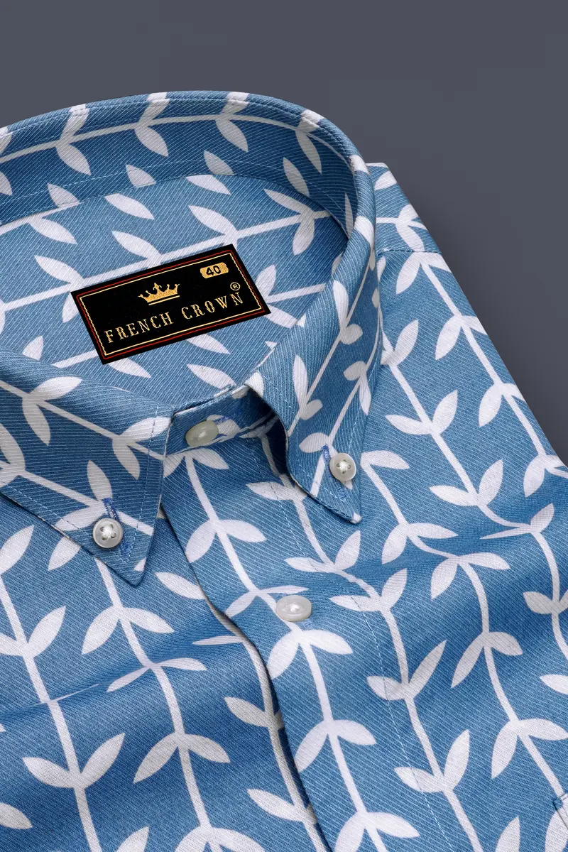 Glaucous Blue With Bright White Twill Printed Premium Cotton Shirt 2