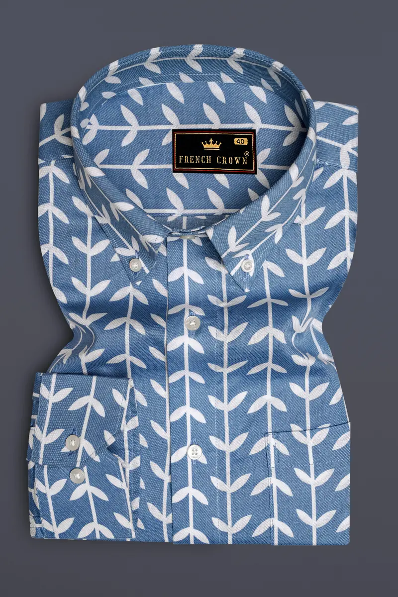 Glaucous Blue With Bright White Twill Printed Premium Cotton Shirt 4
