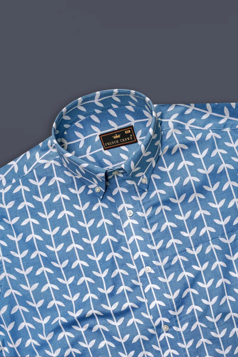 Glaucous Blue With Bright White Twill Printed Premium Cotton Shirt 5