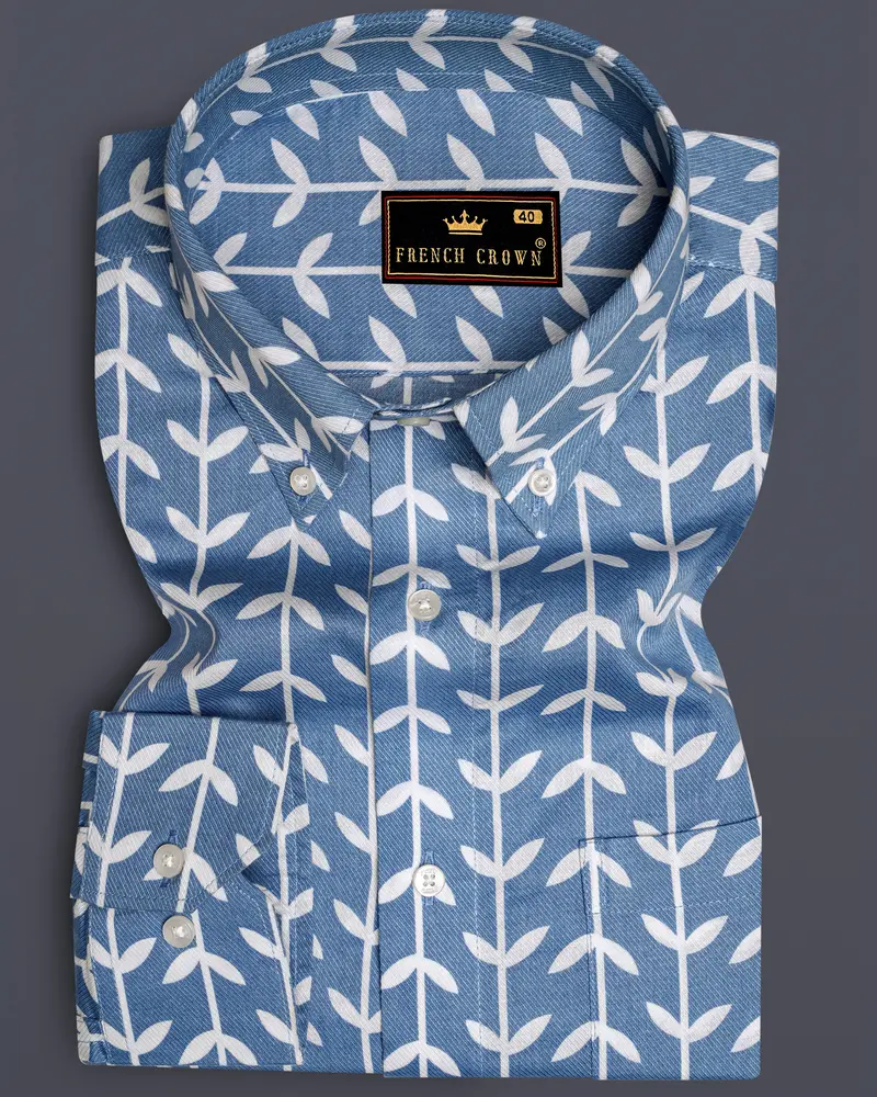 Glaucous Blue With Bright White Twill Printed Premium Cotton Shirt 6