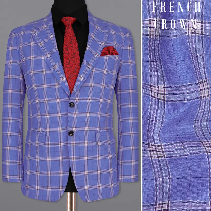 Glaucous Blue With Gainsboro Gray Plaid Single Breasted Blazer 1
