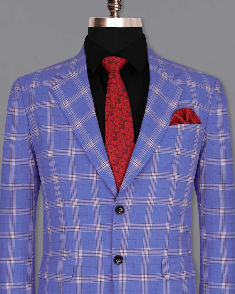 Glaucous Blue With Gainsboro Gray Plaid Single Breasted Blazer 2