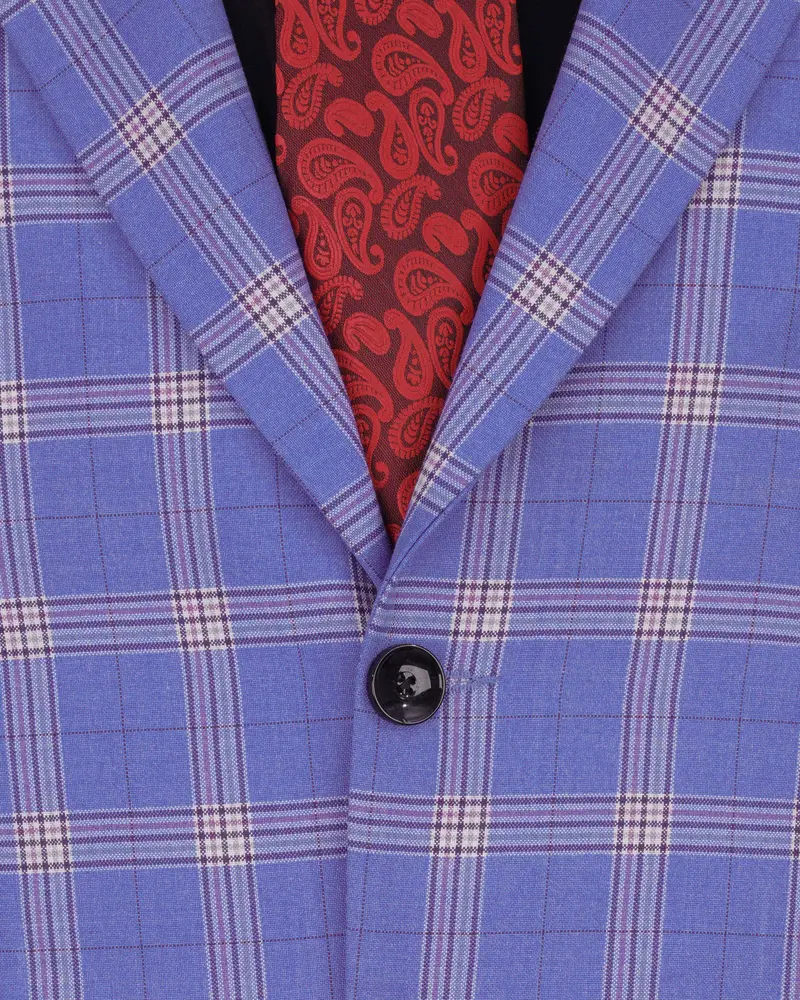 Glaucous Blue With Gainsboro Gray Plaid Single Breasted Blazer 4