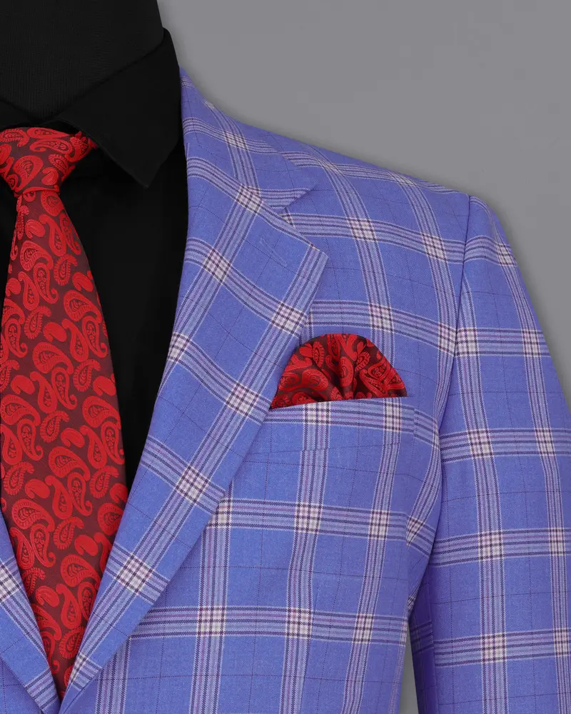 Glaucous Blue With Gainsboro Gray Plaid Single Breasted Blazer 6