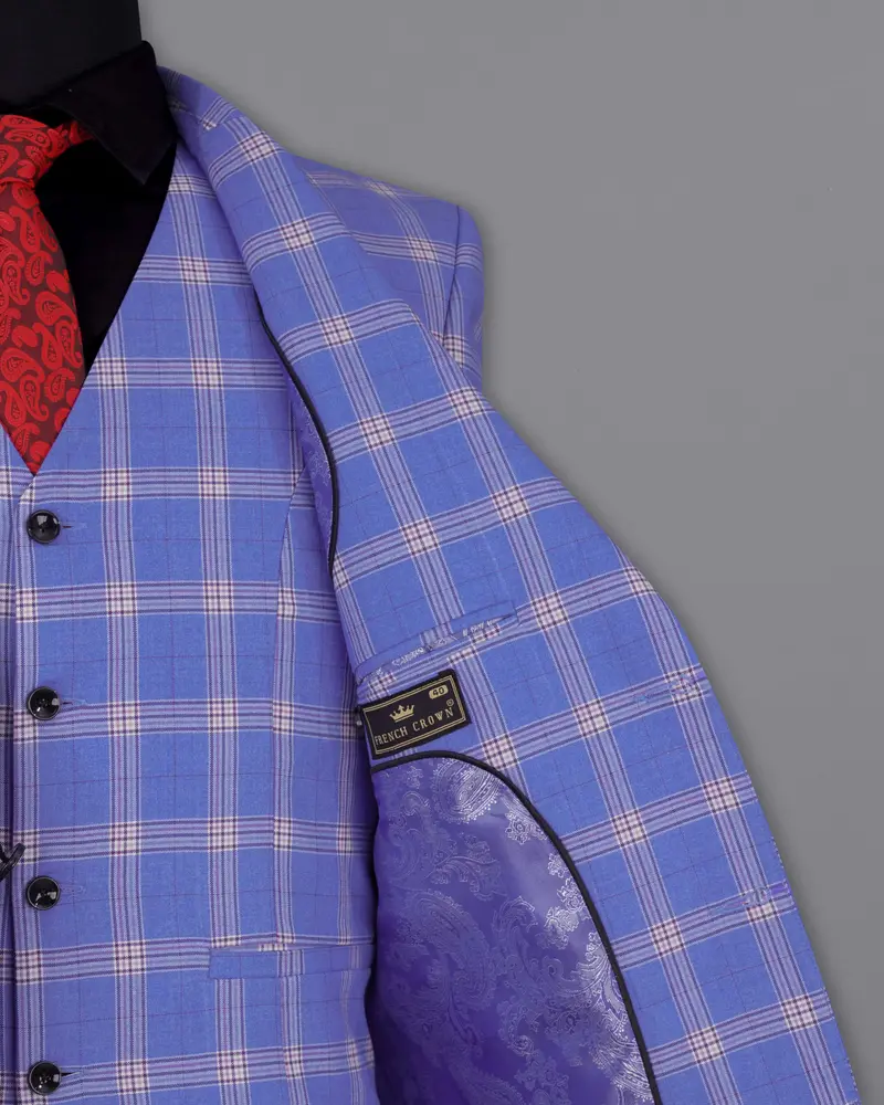 Glaucous Blue With Gainsboro Gray Plaid Single Breasted Blazer 7