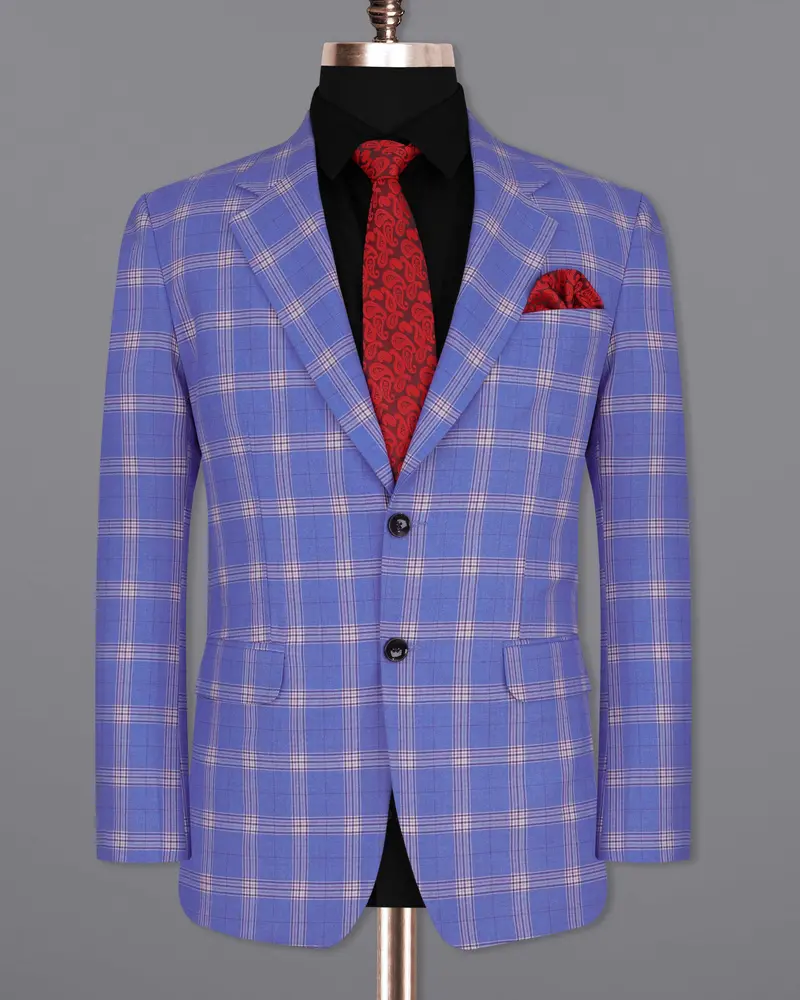 Glaucous Blue With Gainsboro Gray Plaid Single Breasted Blazer 8