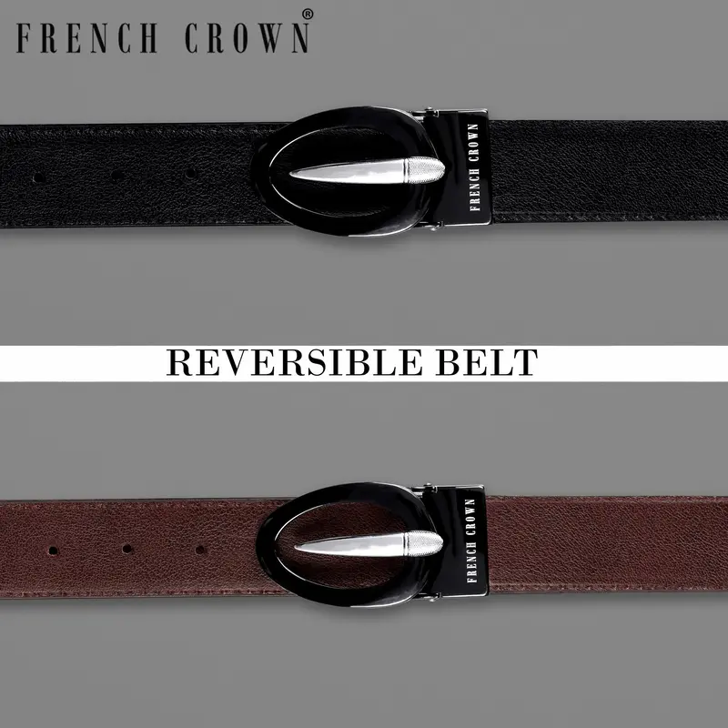 Glossy Black And Silver Oval  Buckled Reversible Jade Black And Brown Slight Textured Vegan Leather Handcrafted Belt 1