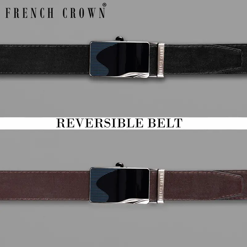 Glossy Black Wave Patterned Buckle No Hole Reversible Jade Black And Brown Vegan Leather Handcrafted Belt 1