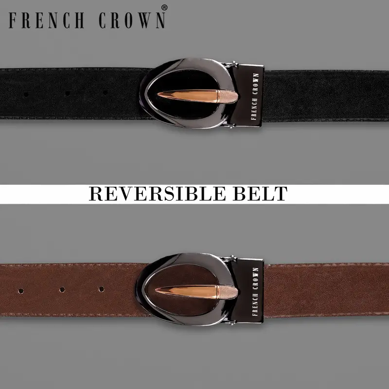 Glossy Grey And Golden Oval  Buckled Reversible Jade Black And Tan Slight Textured Vegan Leather Handcrafted Belt 1