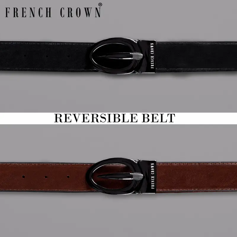 Glossy Grey Oval  Buckled Reversible Jade Black And Tan Vegan Leather Handcrafted Belt 1