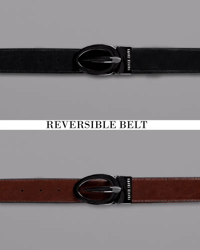 Glossy Grey Oval Buckled Reversible Jade Black And Tan Vegan Leather Handcrafted Belt 2