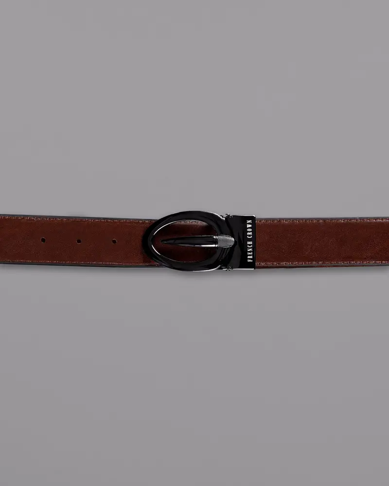Glossy Grey Oval Buckled Reversible Jade Black And Tan Vegan Leather Handcrafted Belt 4