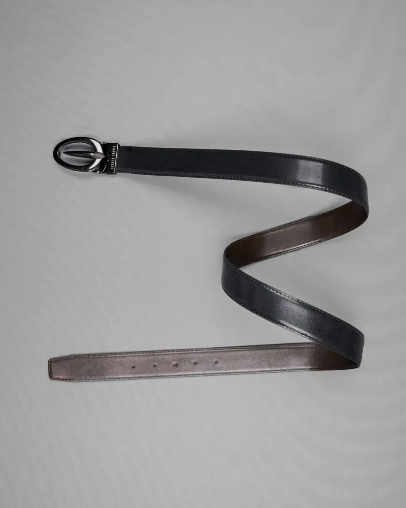 Glossy Grey Oval Buckled Reversible Jade Black And Tan Vegan Leather Handcrafted Belt 8
