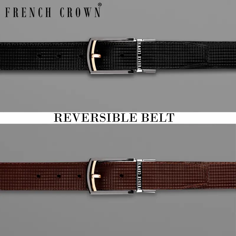 Glossy Grey With Golden Buckled Reversible Jade Black And Brown Vegan Leather Handcrafted Belt 1
