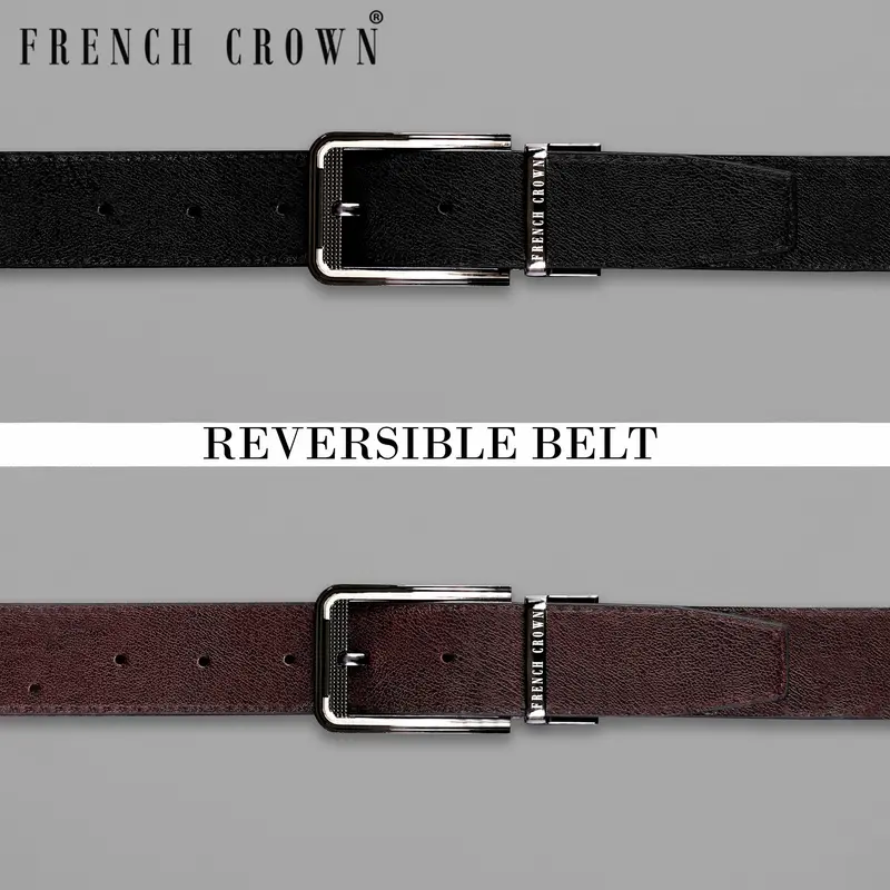 Glossy Grey With Silver Buckle Reversible Jade Black And Brown Vegan Leather Handcrafted Belt 1