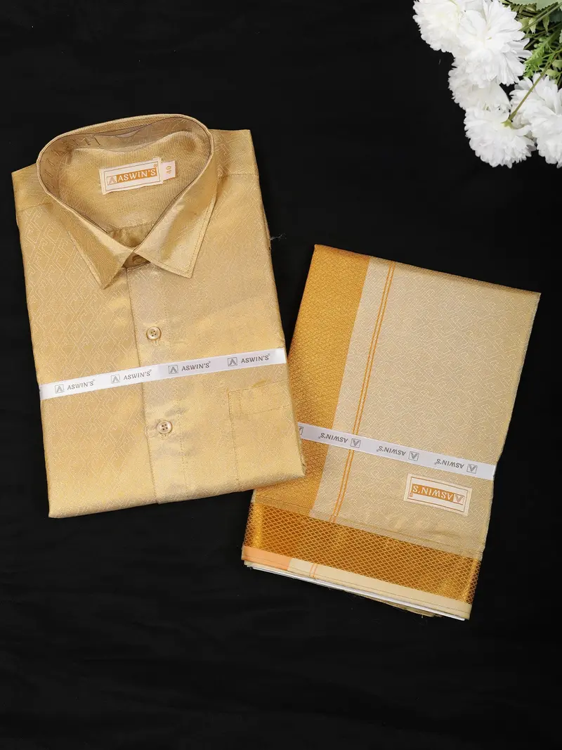 Gold Abstract Woven Design Shirt With Matching Dhoti Set 1